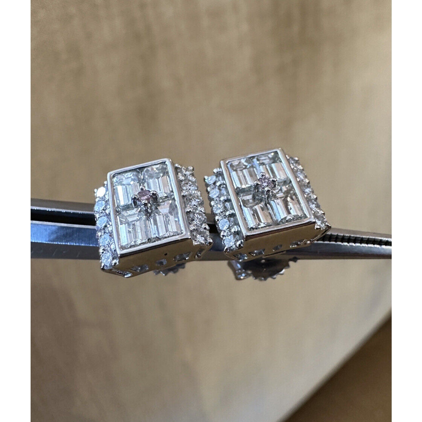 Square Diamond Illusion Earrings with Center Pink Diamond in Platinum- HM2498SI