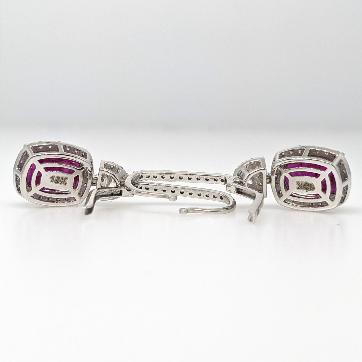 GIA Unheated Cushion Ruby & Diamond Drop Earrings in 18k White Gold