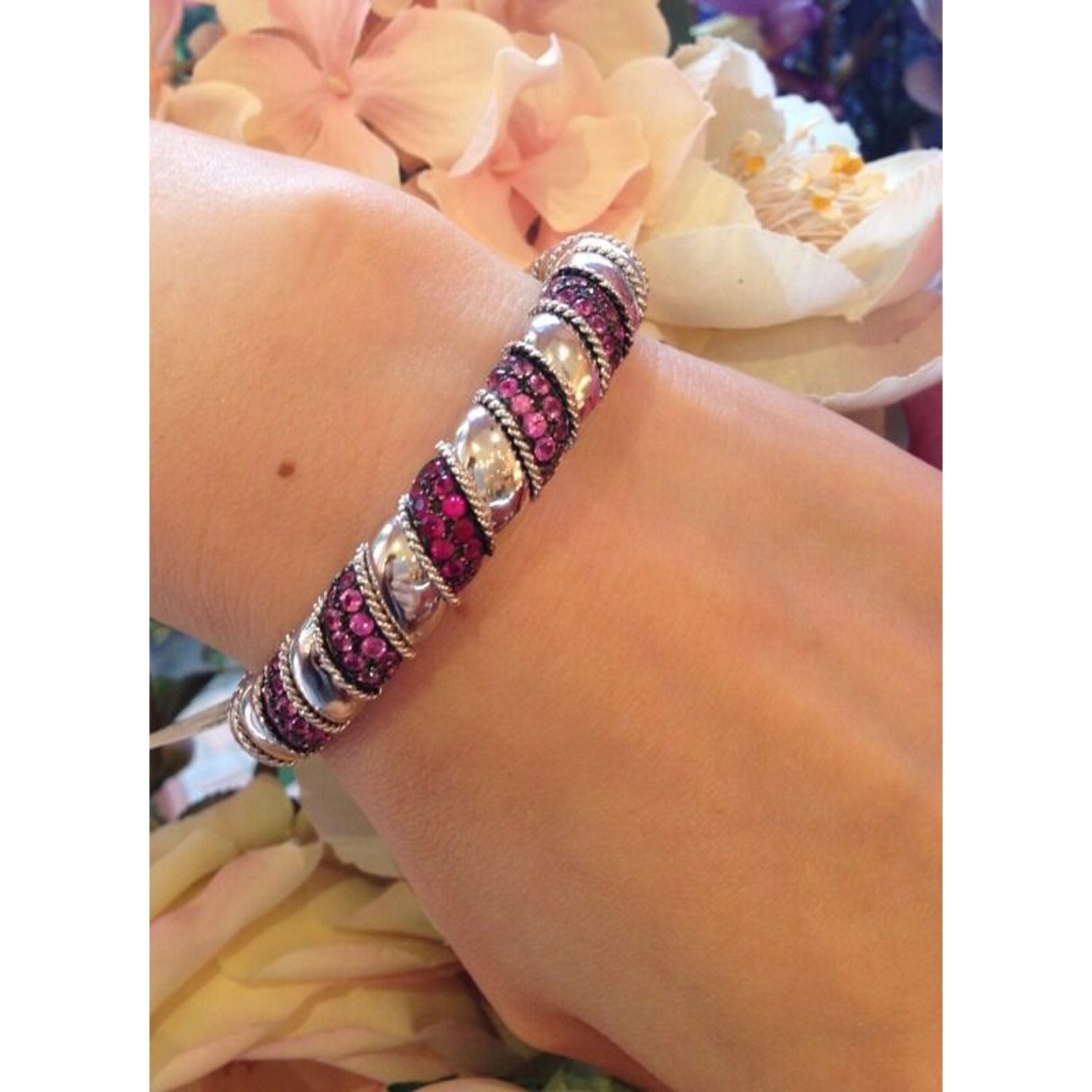 Ruby & Pink Sapphire Cuff Bangle Bracelet 3cts 18K White Gold