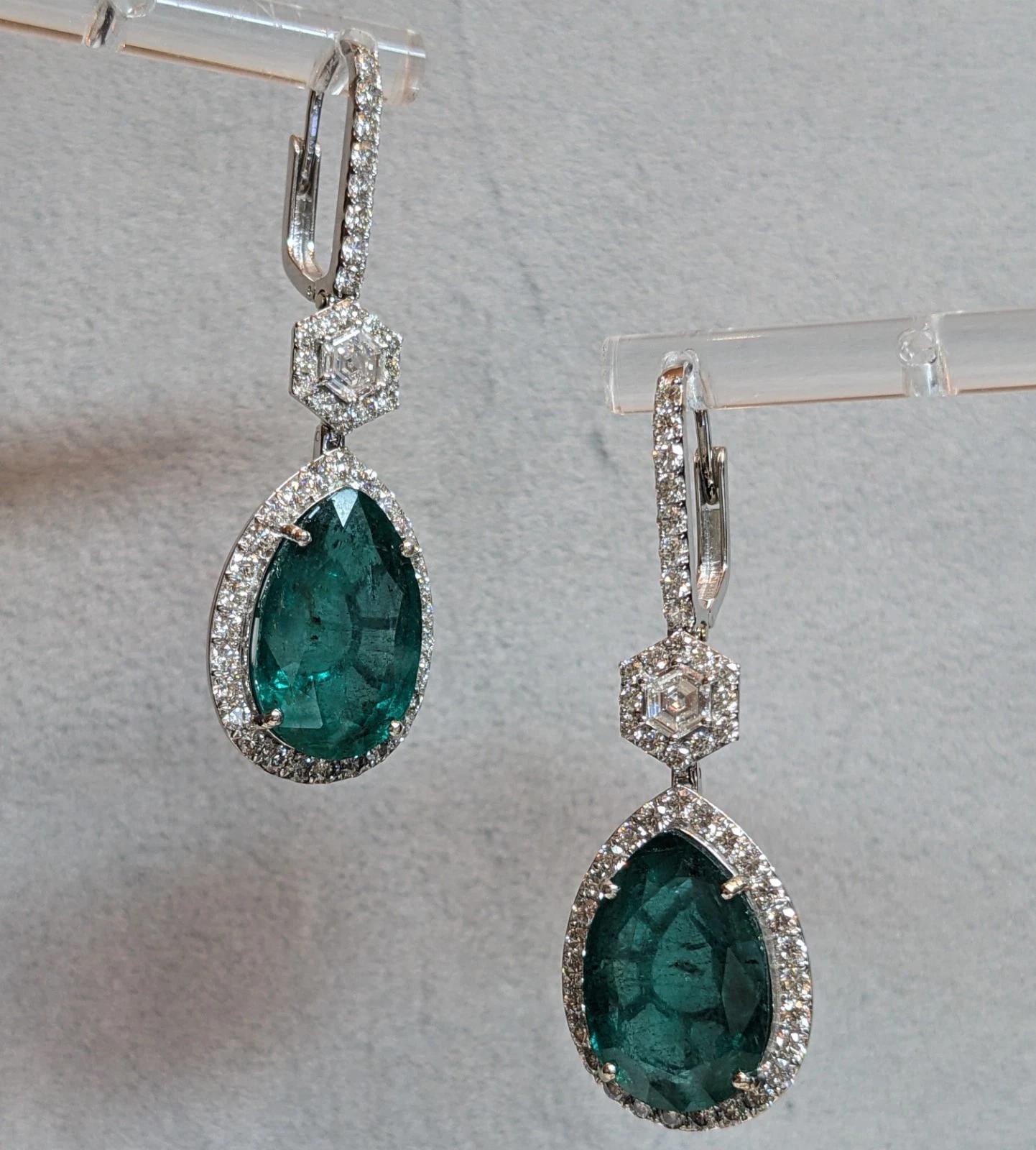 Large Pear Emerald Drop Earrings with Diamonds in 18k White Gold