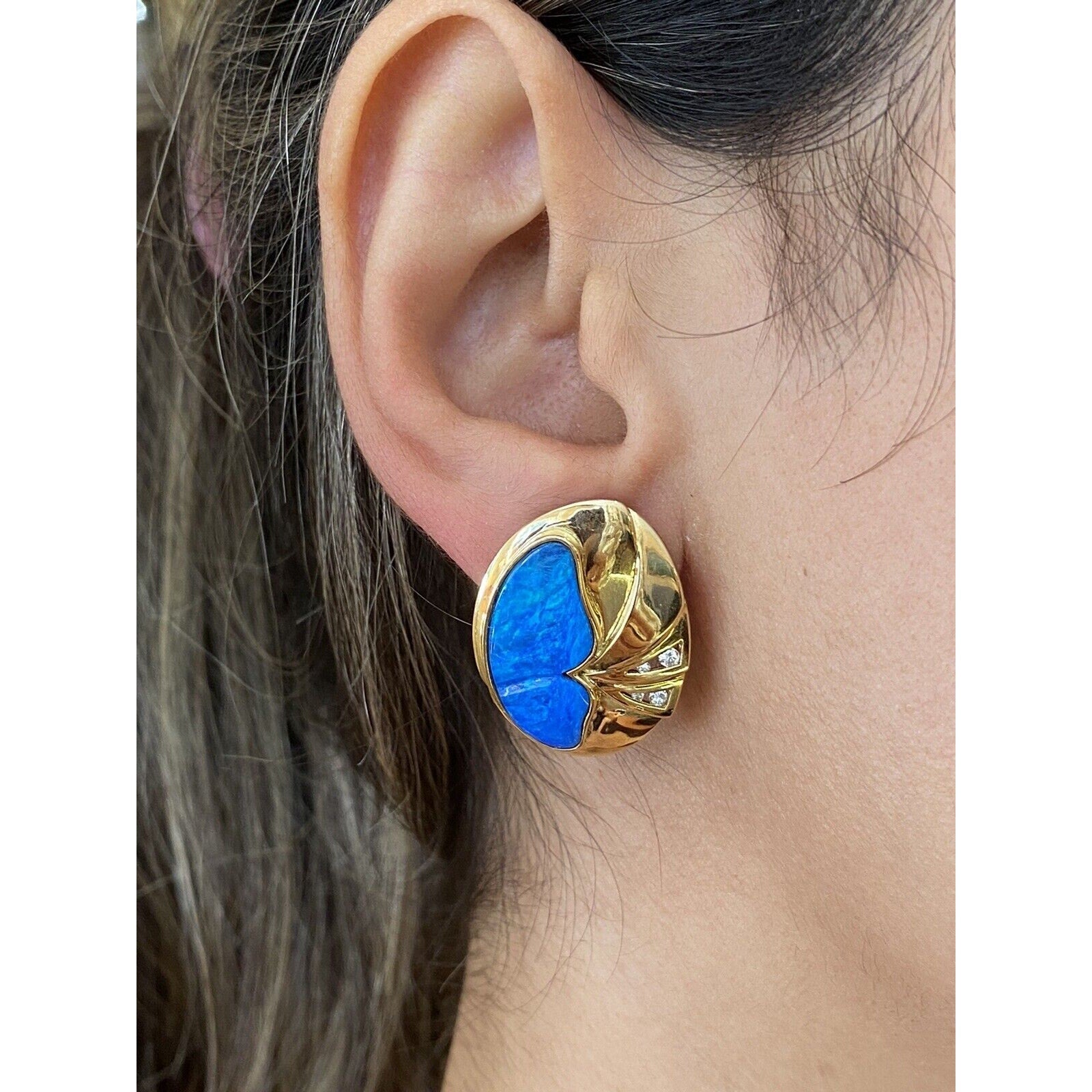 Contemporary Black Opal & Diamond Button Earrings in 18k Yellow Gold