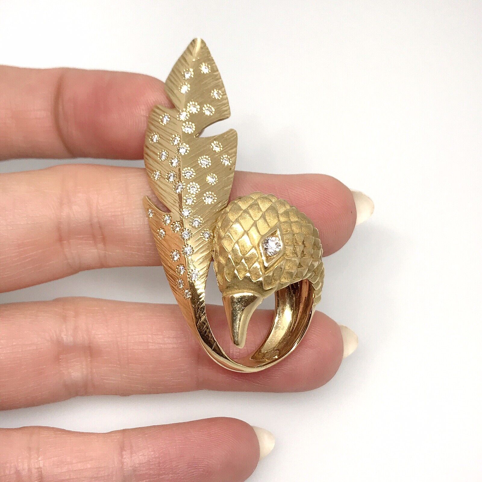Wilfredo Rosado Bird and Feather Ring with Diamonds in 18k Yellow Gold