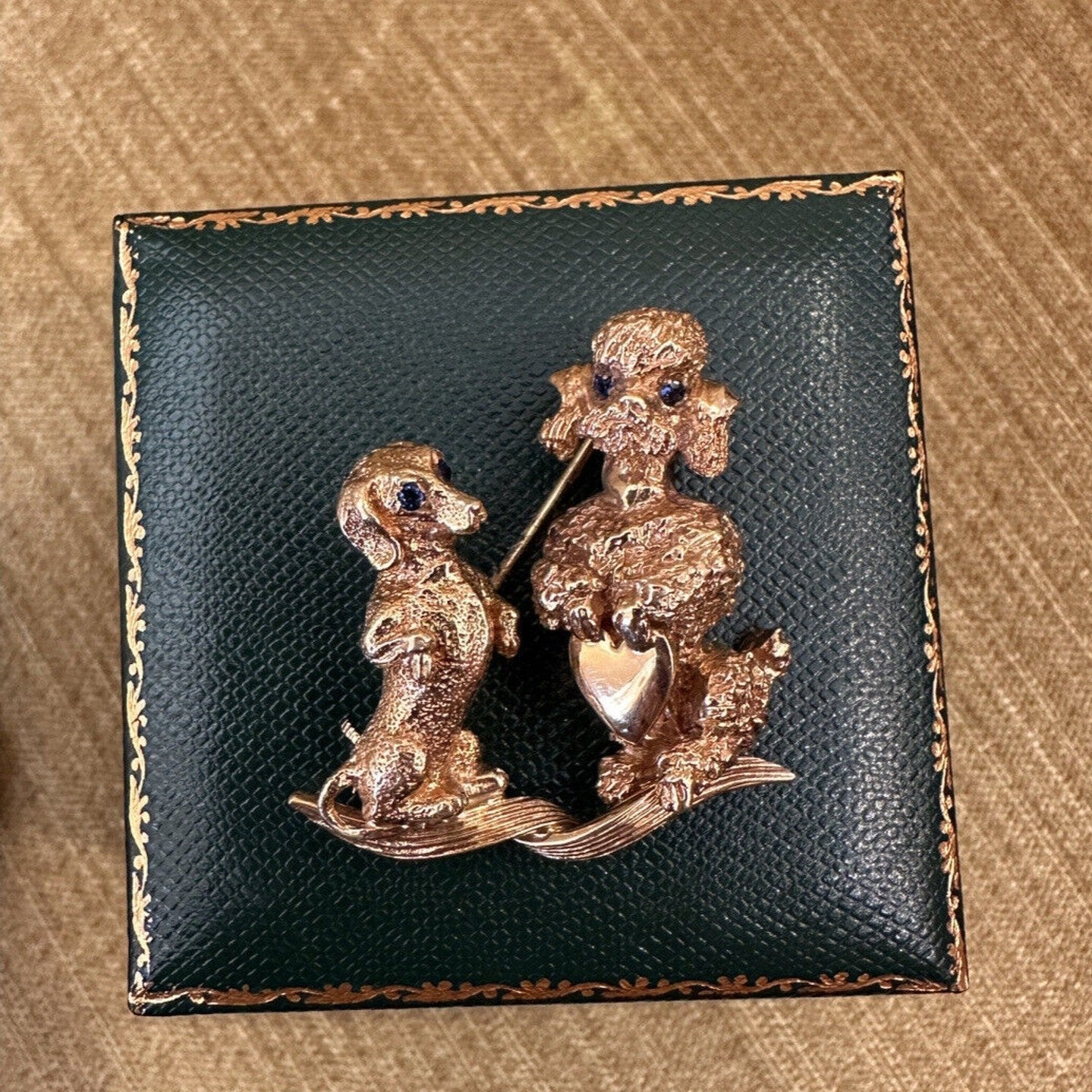 Ruser Vintage Poodle & Dachshund Dog Brooch/Pin in 14k Yellow Gold