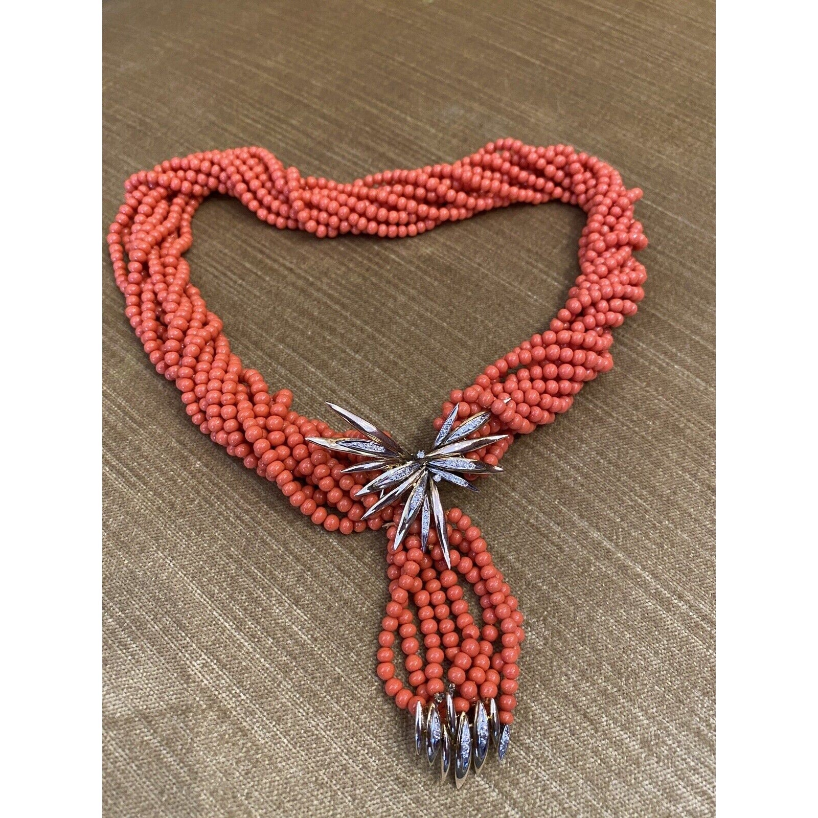 Vintage Multistrand Coral & Diamond Necklace 14k Yellow / White Gold