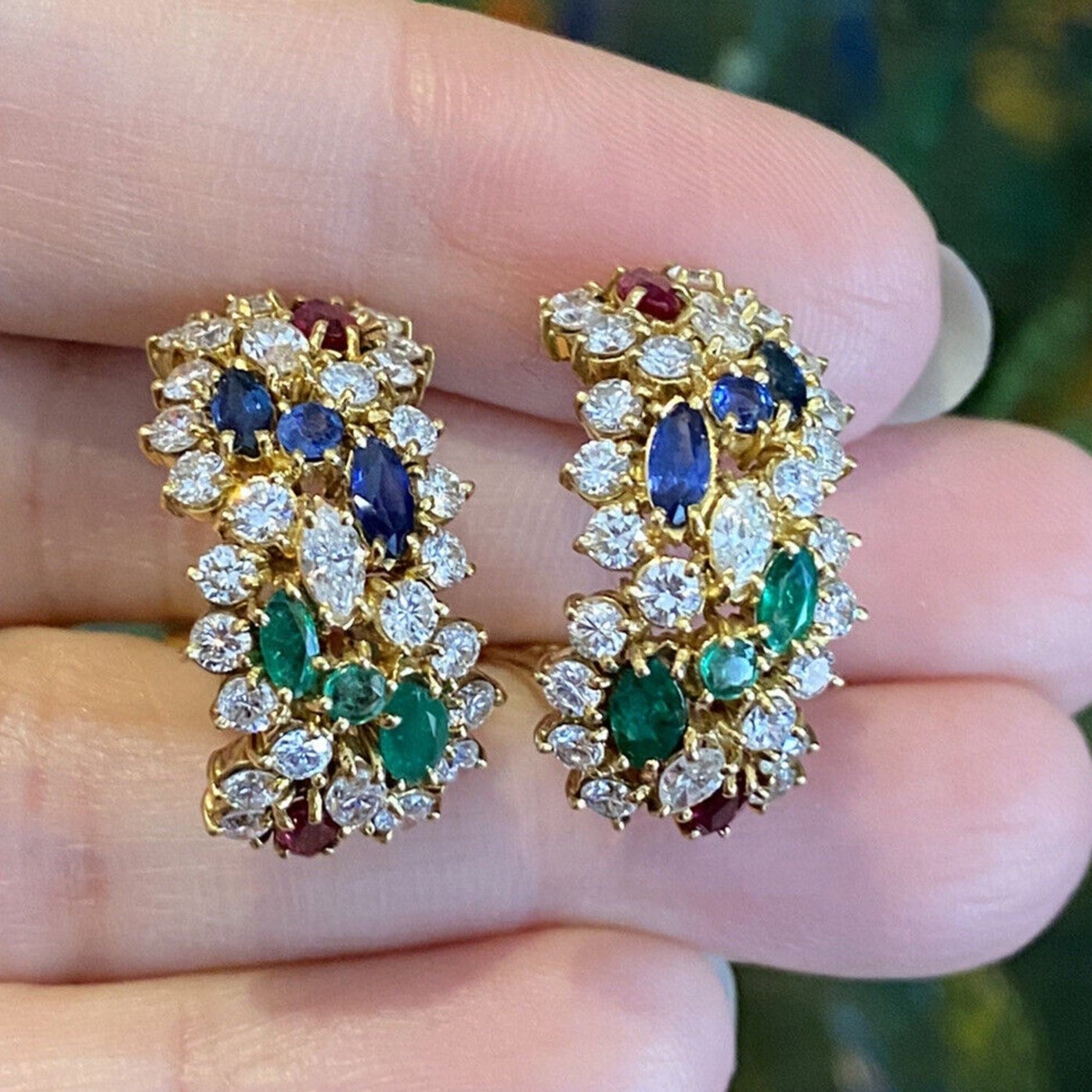 5.45 ct Ruby, Emerald, Sapphire & Diamond Earrings in 18k Yellow Gold