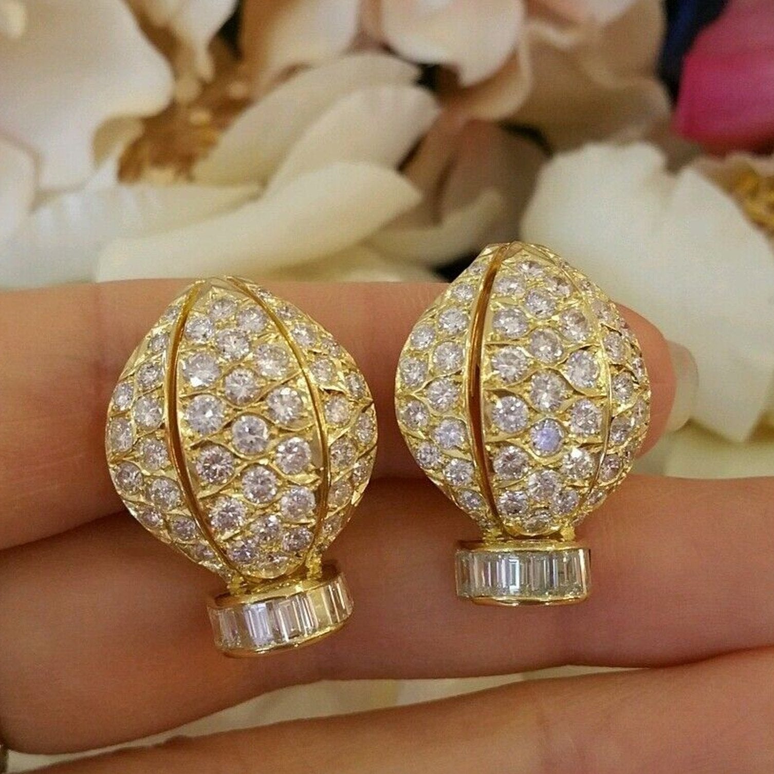 8.00 carat Pave Diamond Earrings with Rounds/Baguettes in 18k Yellow Gold
