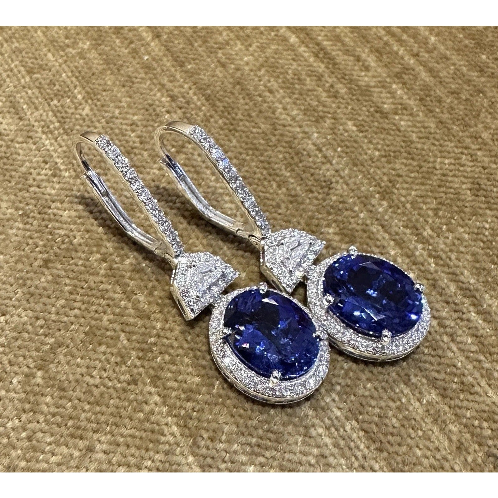 Oval Tanzanite & Diamond Drop Earrings in 18k White Gold