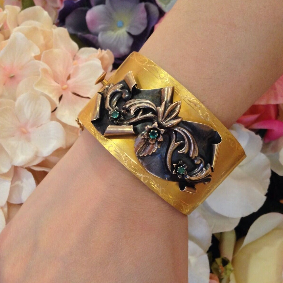 Antique Wide Gold Bangle Bracelet in 12K Yellow Gold with Emeralds