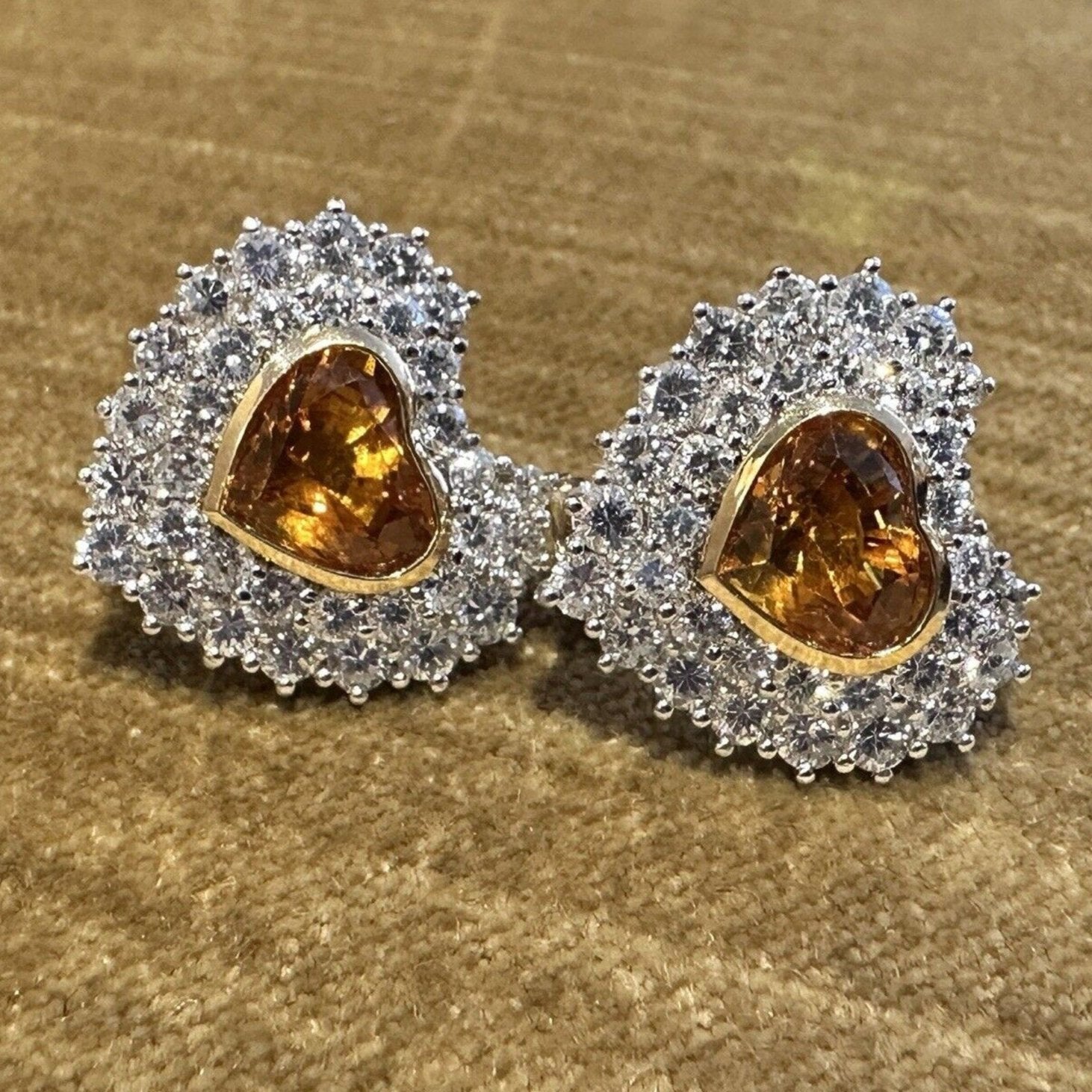 Orange Sapphire and Diamond Heart Earrings in 18k Yellow & White Gold