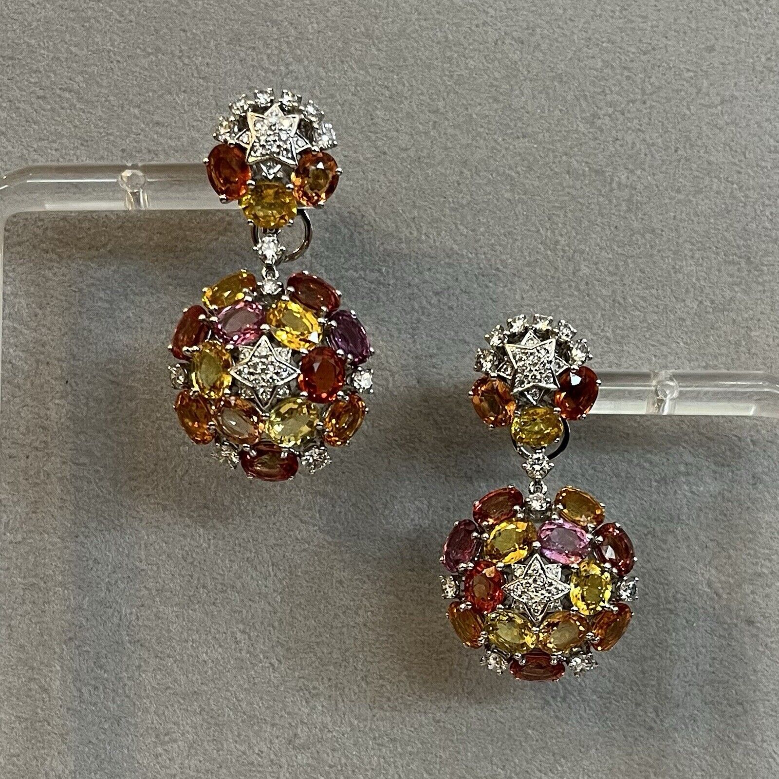 Multicolor Sapphire and Diamond Star Drop Earrings in 18k White Gold