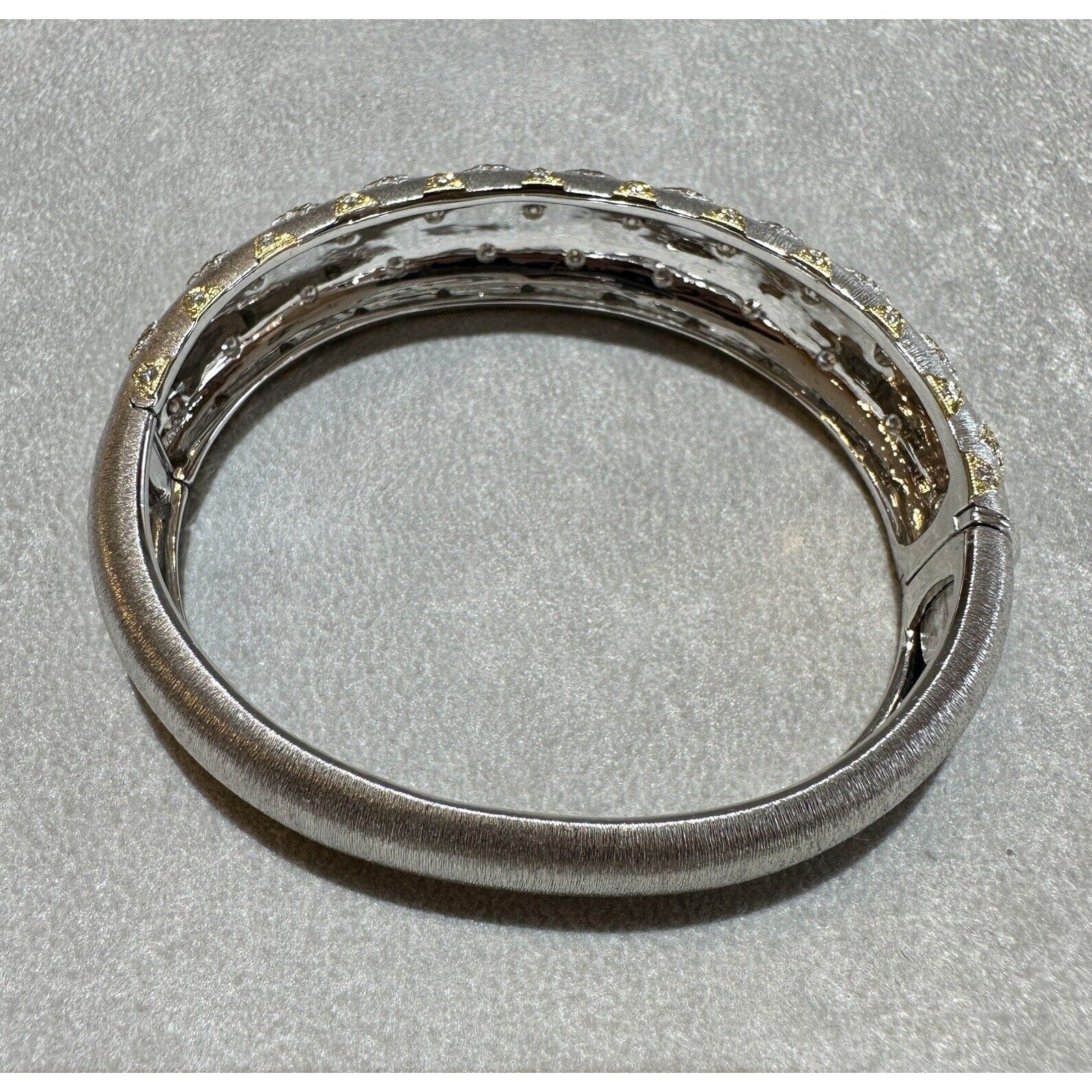 Wide Diamond Bangle Bracelet in Textured 18k White and Yellow Gold