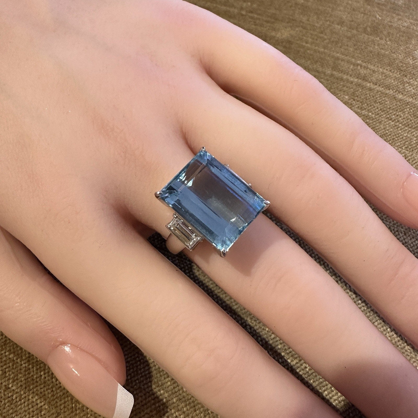 Natural 14.12 ct Aquamarine & Diamond Three Stone Ring in Platinum