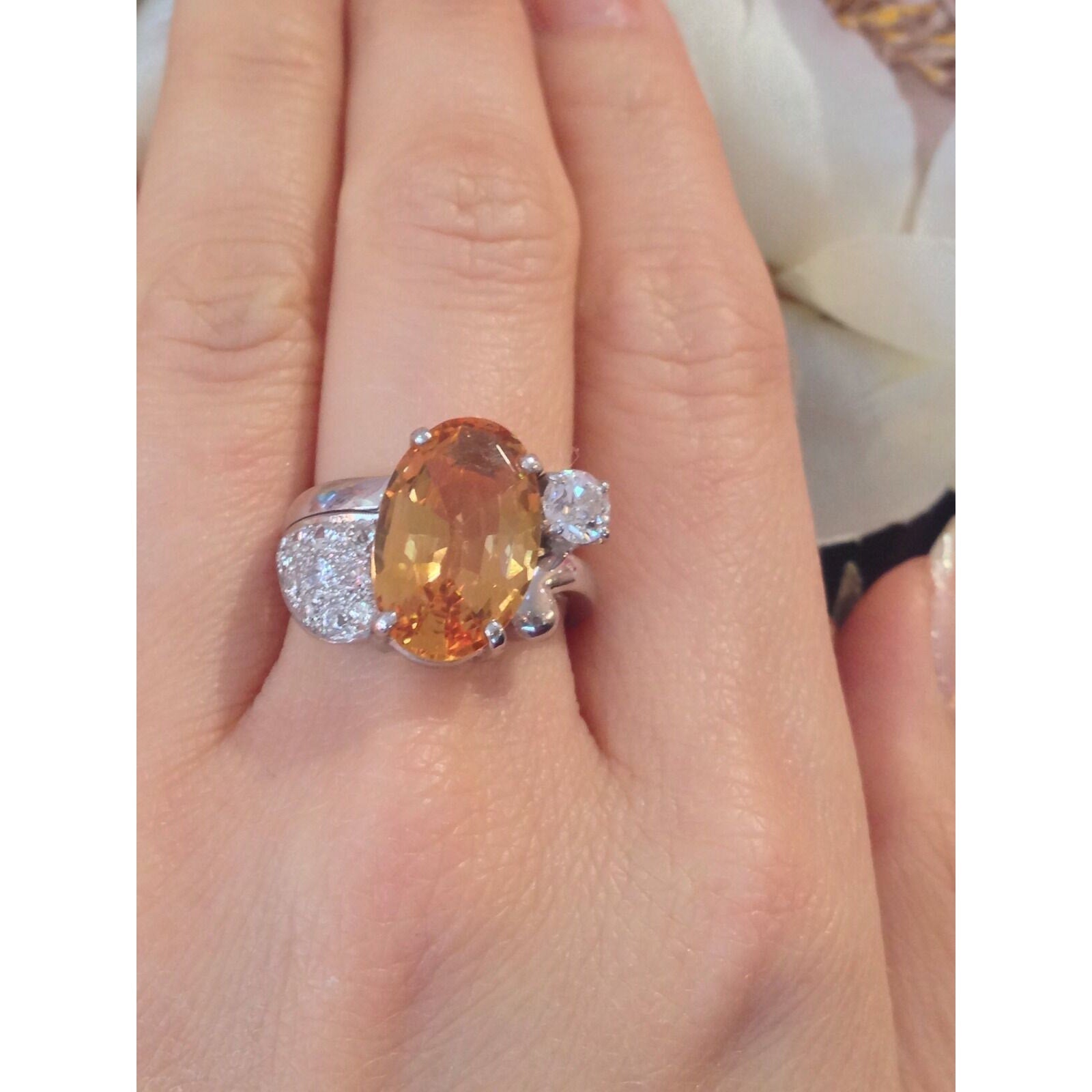 GIA certified 6.78 ct Yellow-Orange Topaz and Diamond Ring in Platinum
