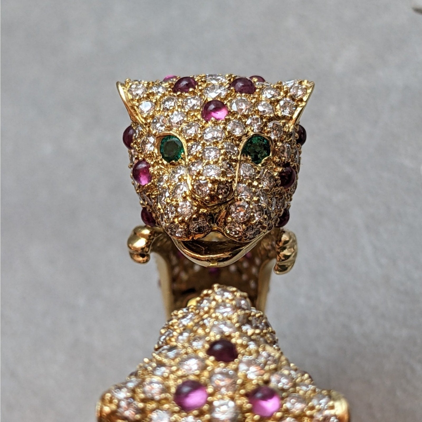 Ruby and Diamond Pave Panther Head Bangle Bracelet in 18k Yellow Gold