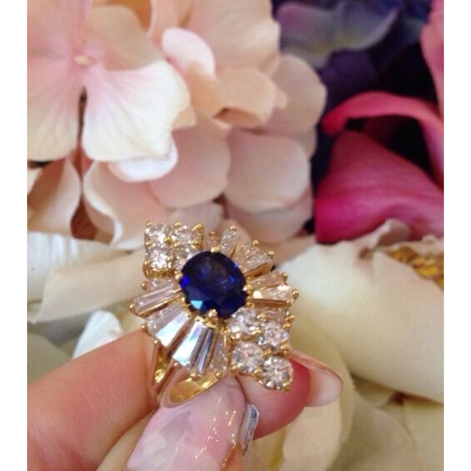 Sapphire and Diamond Ring with Baguettes and Rounds in 18k Yellow Gold