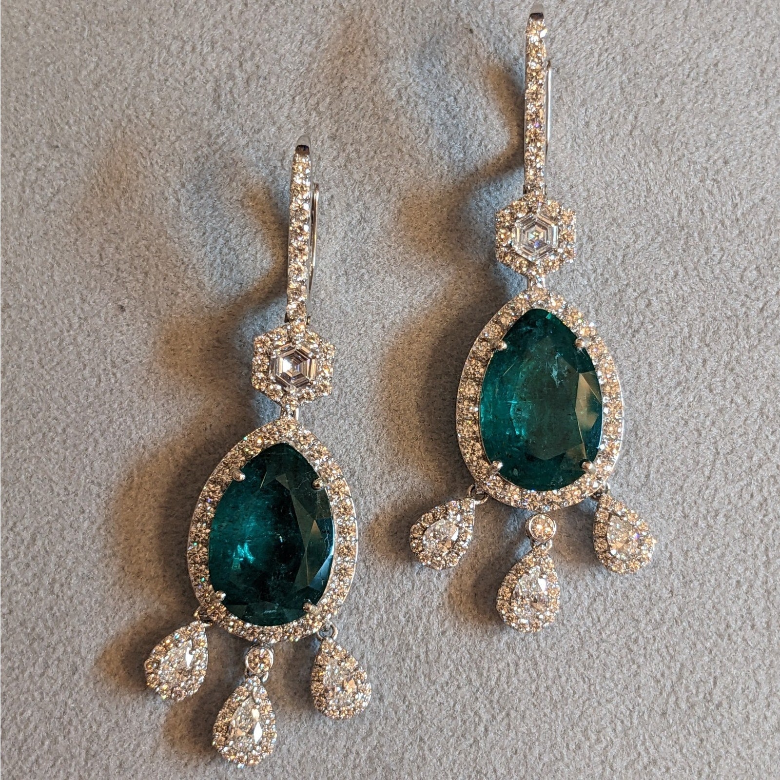 Large Pear Emerald Drop Earrings with Diamonds in 18k White Gold