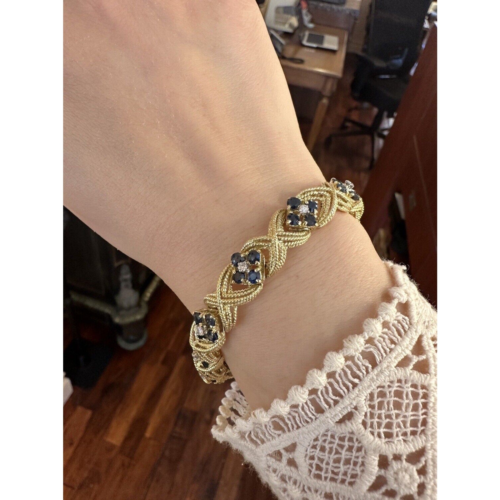 La Triomphe Sapphire and Diamond "X" Bracelet in 18k Yellow Gold