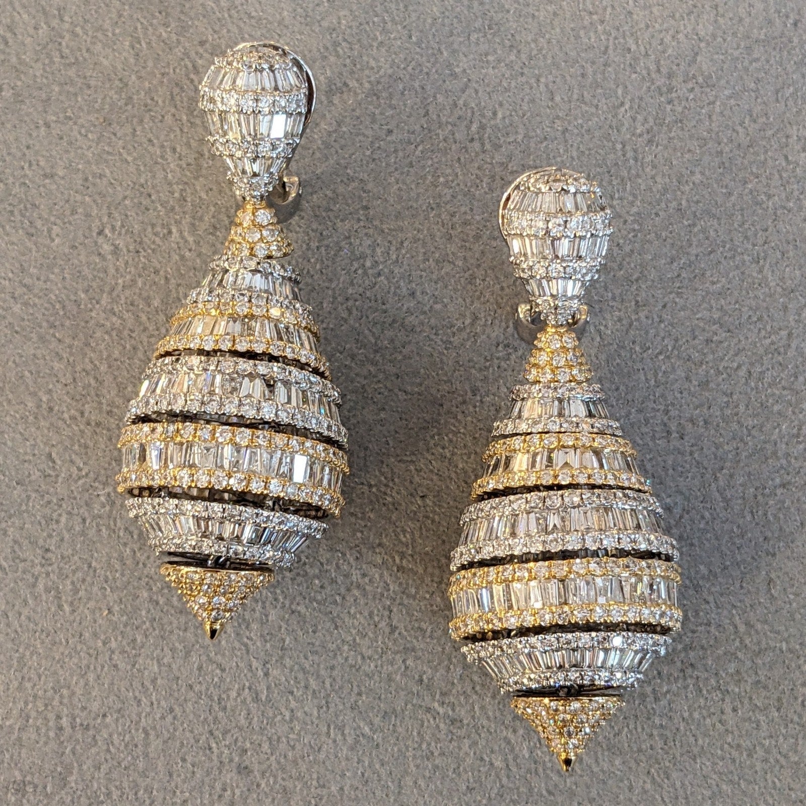 Round and Baguette Diamond Teardrop Earrings 11.00 cttw in 18k Gold