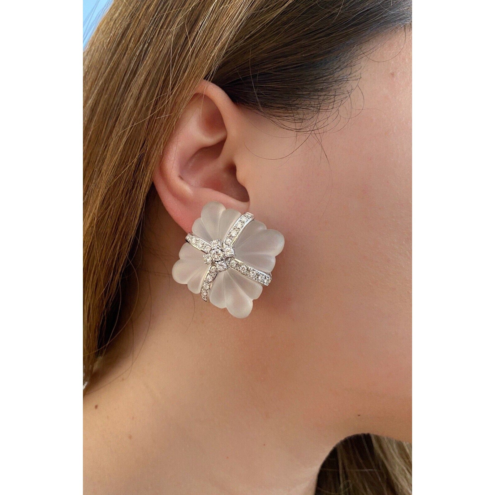 Large Carved Rock Crystal & Diamond Button Earrings in 18k White Gold- HM2401AA