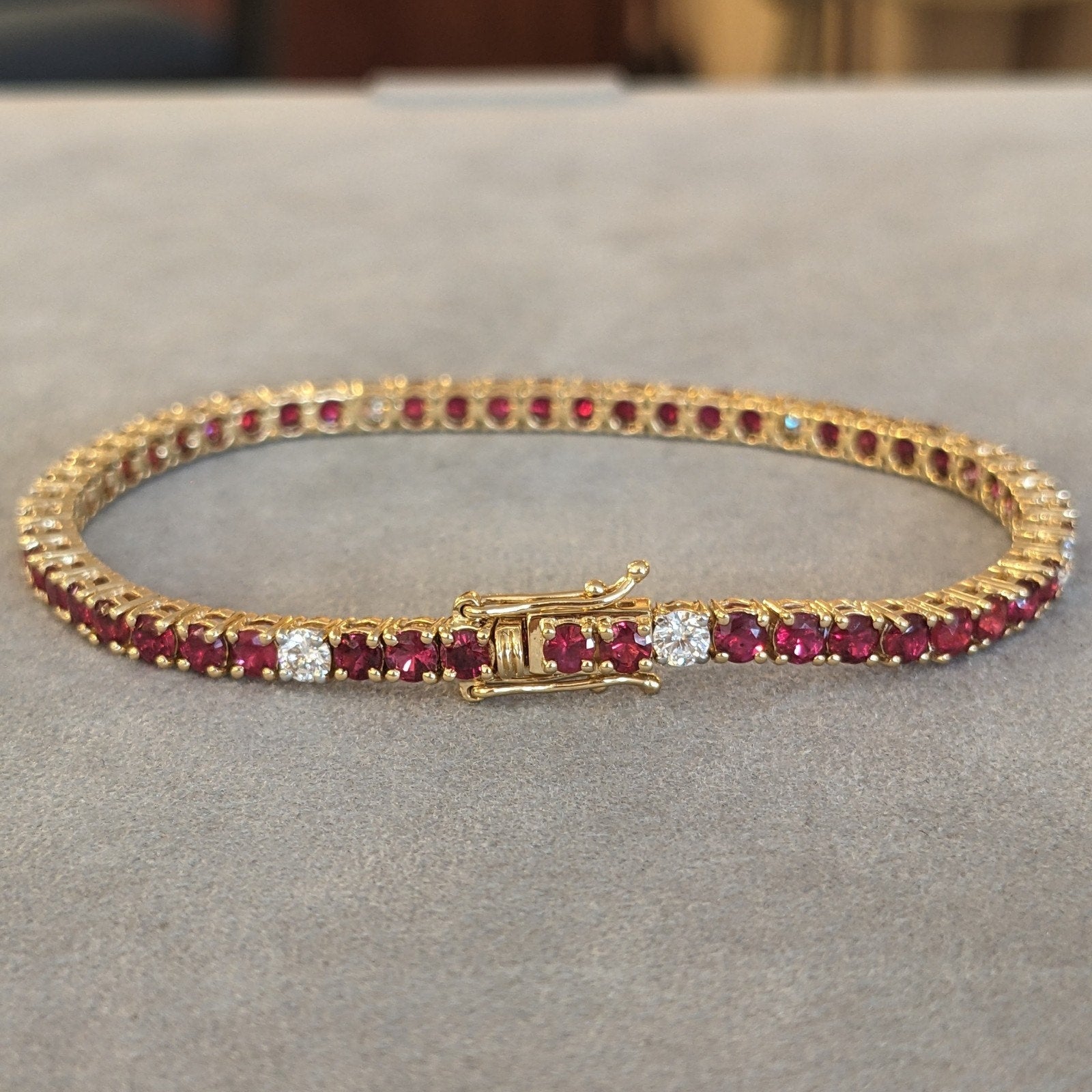 Unheated Natural Ruby & Diamond Tennis Line Bracelet in 18k Yellow Gold
