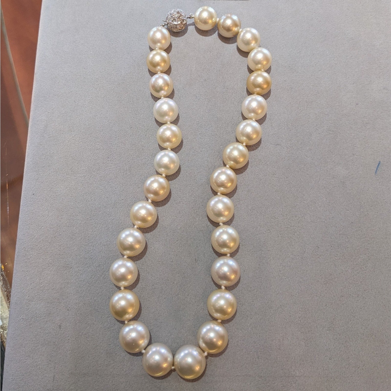 Golden South Sea Pearl Necklace 16.8 inch 18k White Gold Diamond Clasp