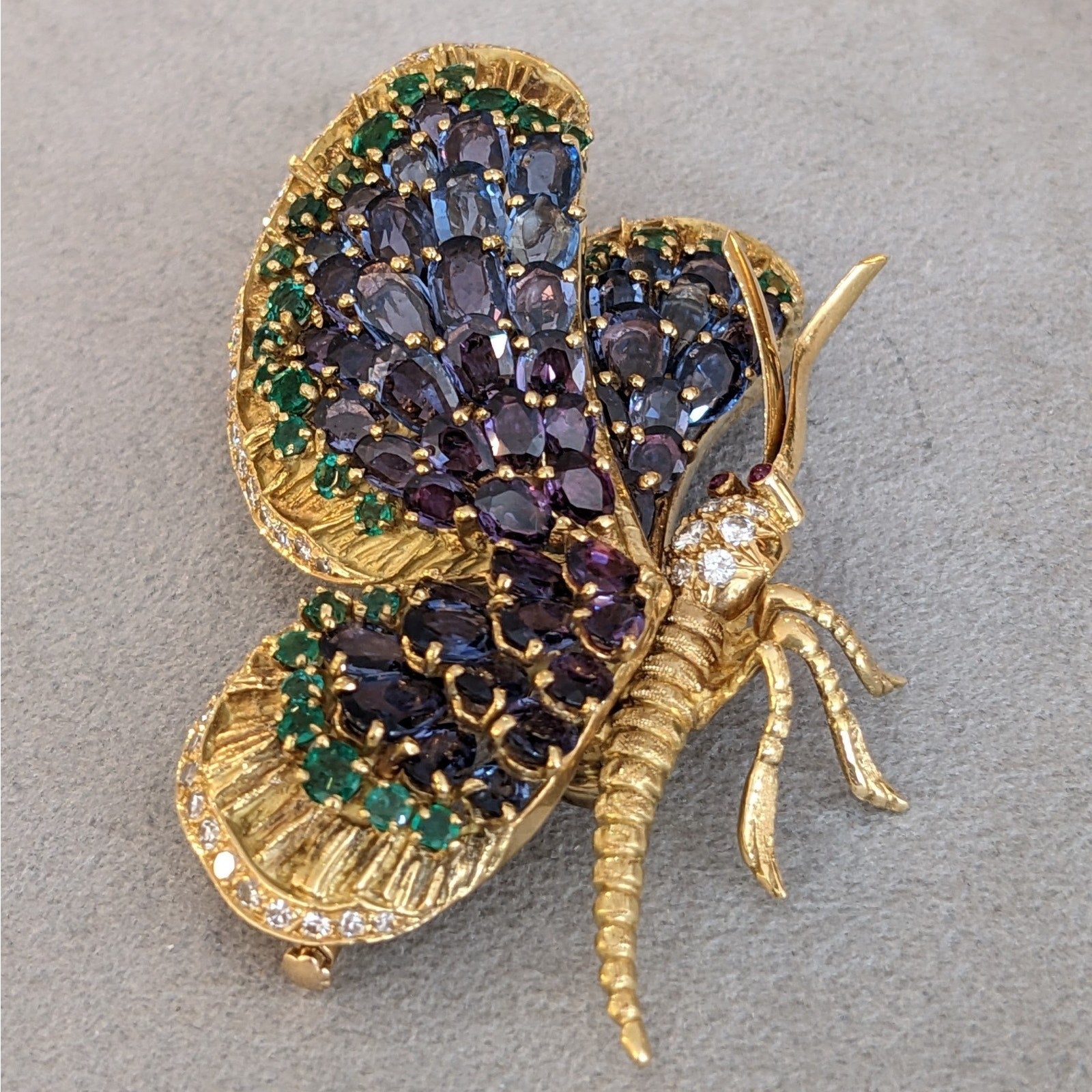 Large Sapphire, Emerald, and Diamond Butterfly Pin in 18k Yellow Gold