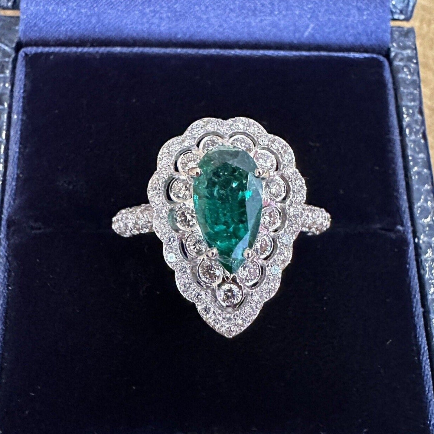 Pear Shaped Emerald and Diamond Ring in 18k White Gold - HM2560B