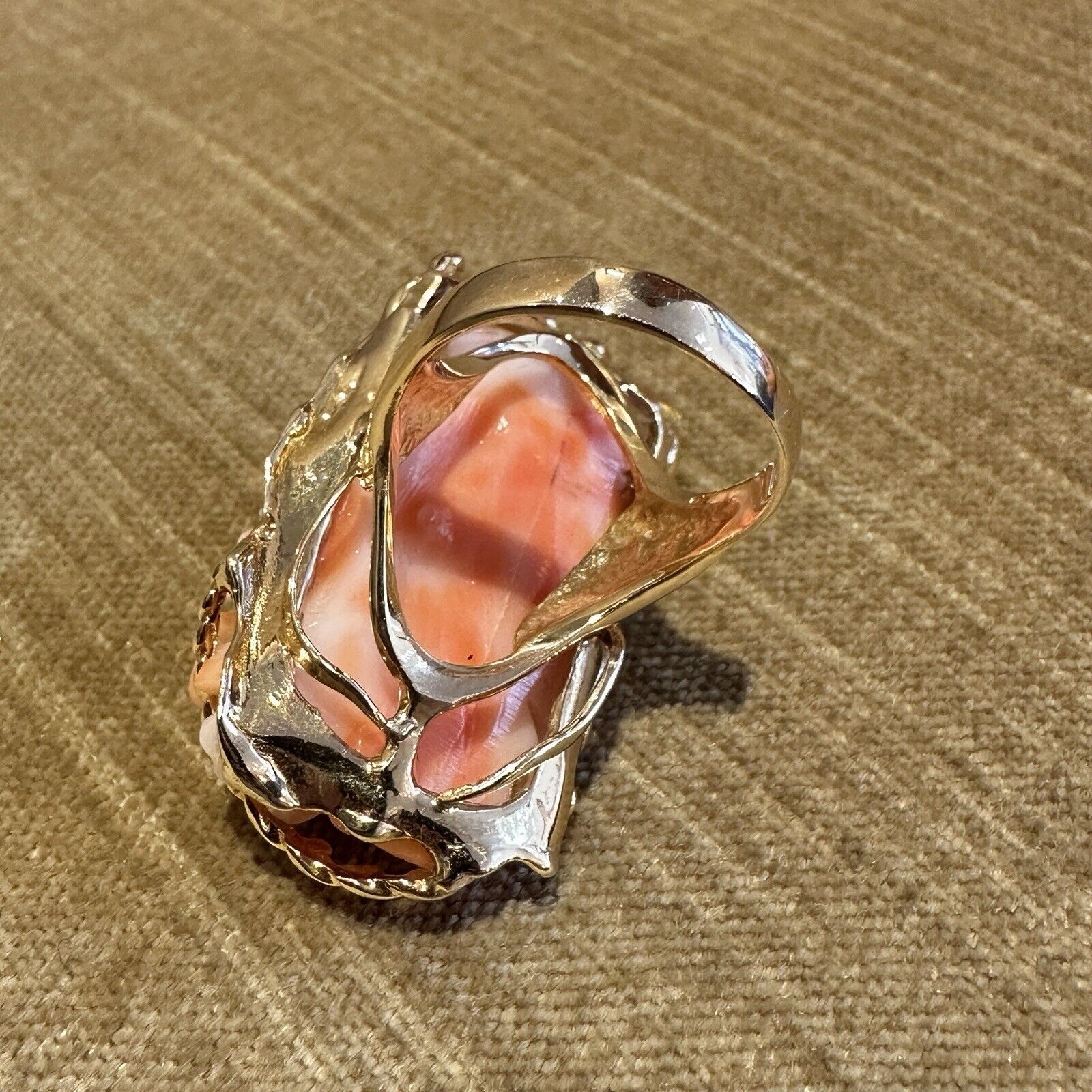 Carved Rose Angel Skin Coral Ring in 18k Yellow Gold