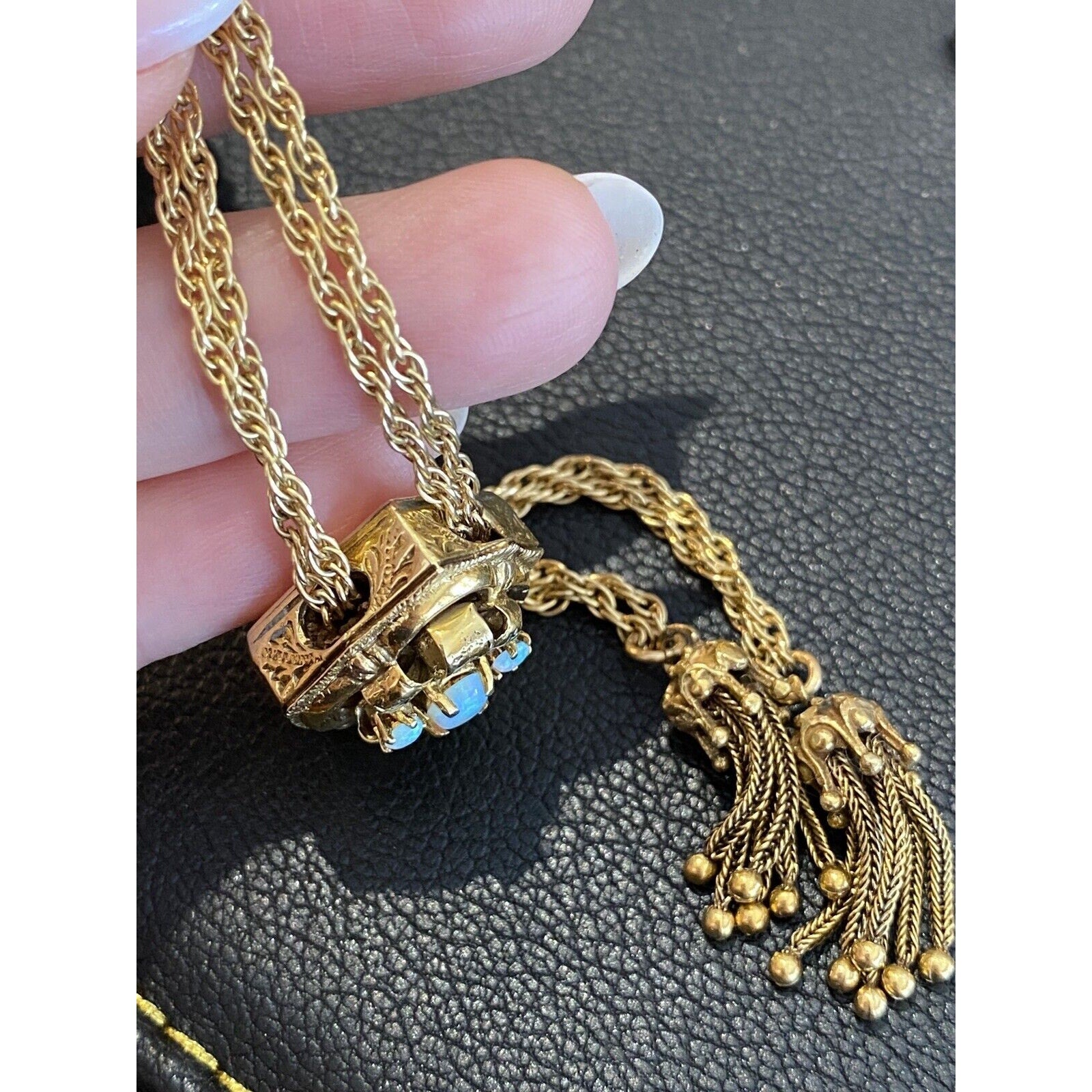 Vintage 28" Slide Tassel Necklace with Opals in 14k Yellow Gold