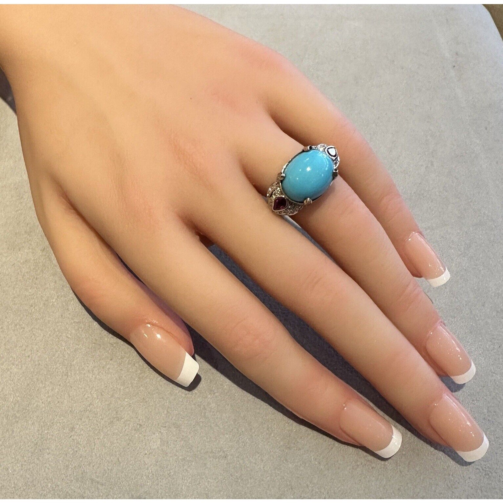 GIA Natural Turquoise, Ruby and Diamond Estate Ring in 18k White Gold