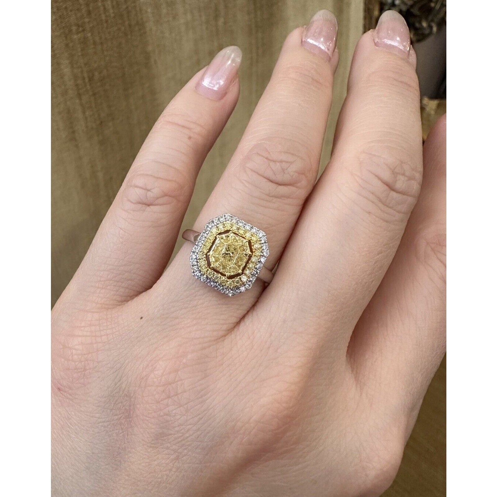 Natural Yellow and White Diamond Illusion set Ring in 18k White Gold