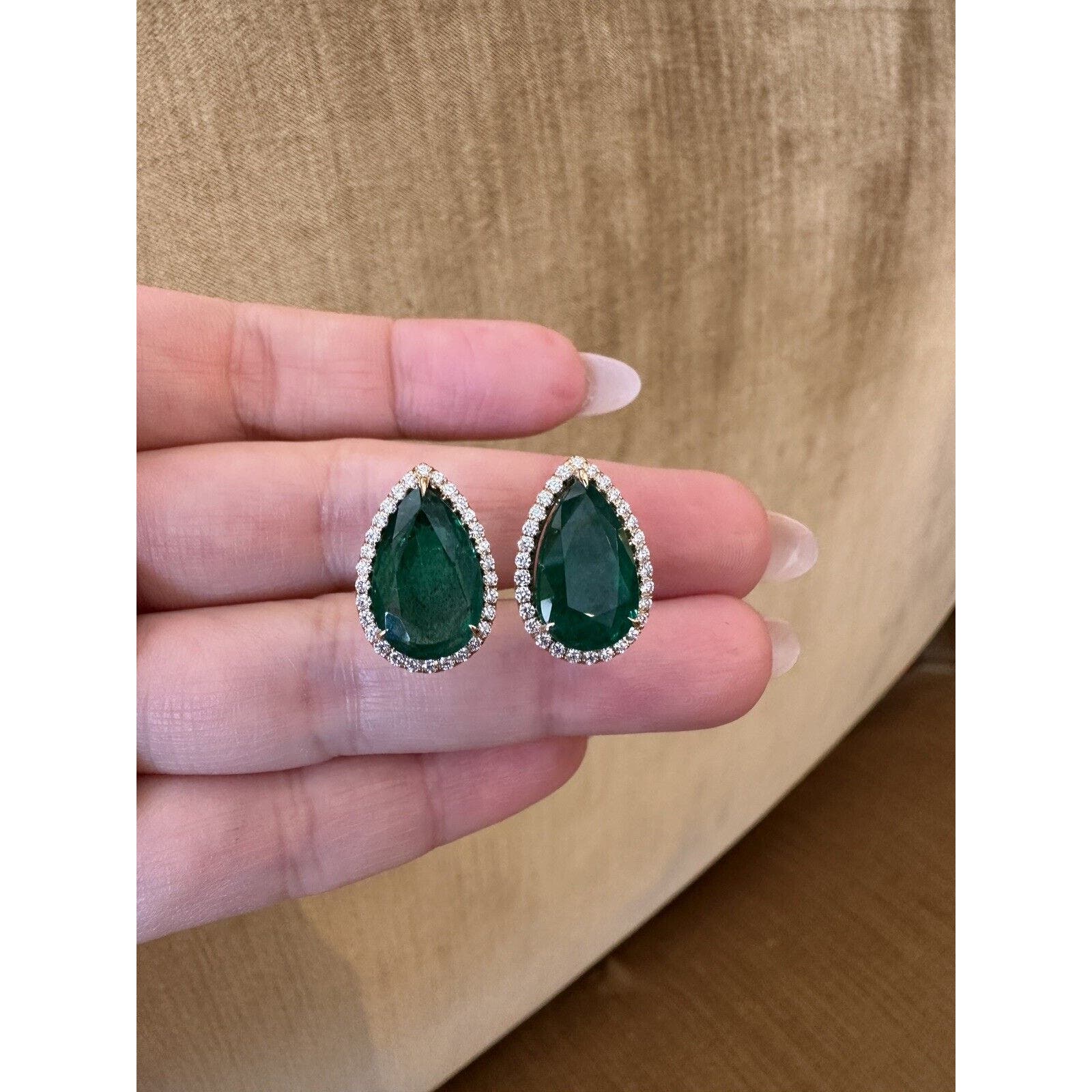 GIA Pear Emerald Halo Diamond Earrings 10.77 cttw 18k Yellow Gold -HM2495SA