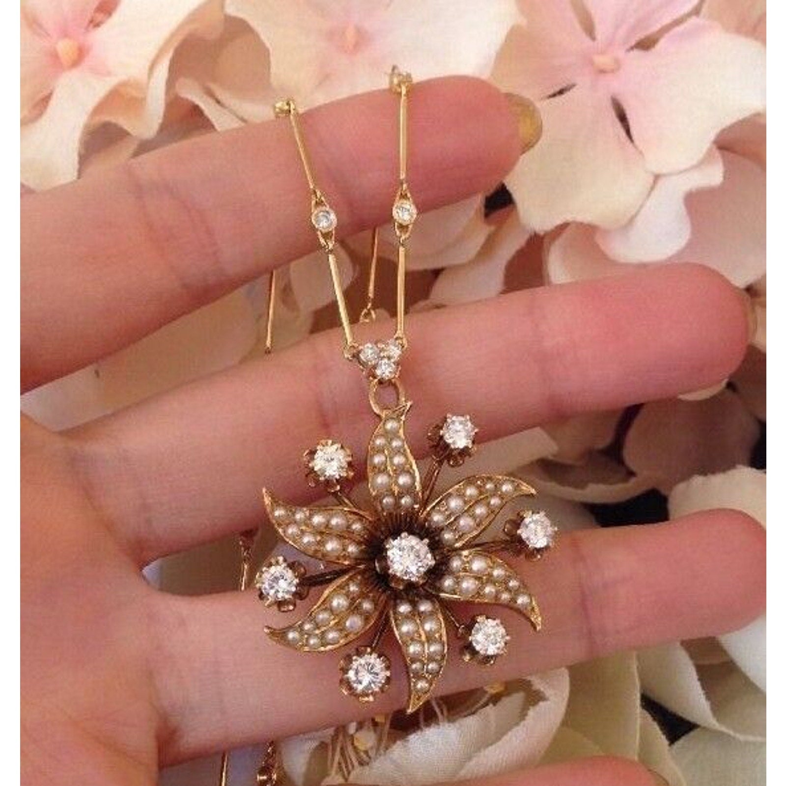 Pearl and Diamond Flower Pin/ Pendant Necklace in14k/18k Yellow Gold