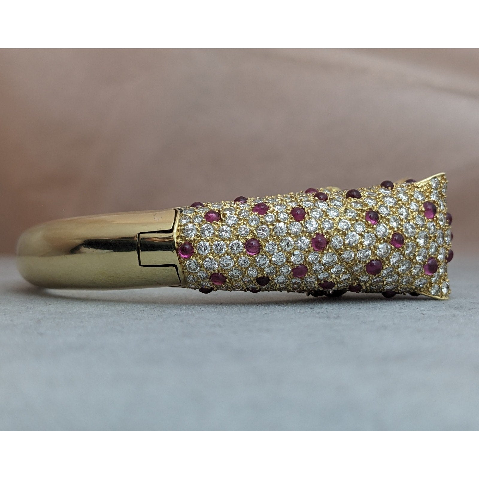Ruby and Diamond Pave Panther Head Bangle Bracelet in 18k Yellow Gold