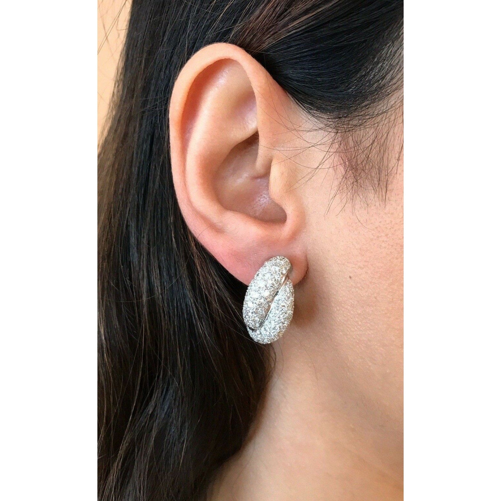 French Pave Diamond Twist Earrings 4.48 ct in 18k White Gold