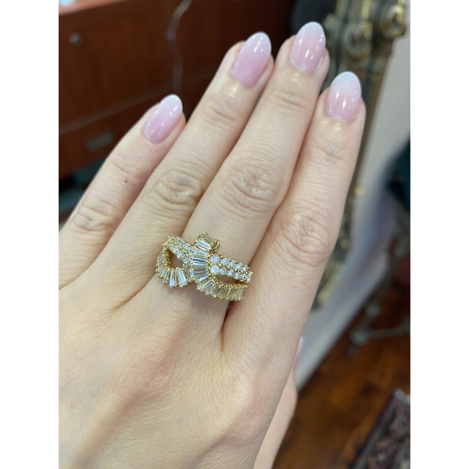 Round and Baguette Diamond Crossover Band Ring in 18K Yellow Gold