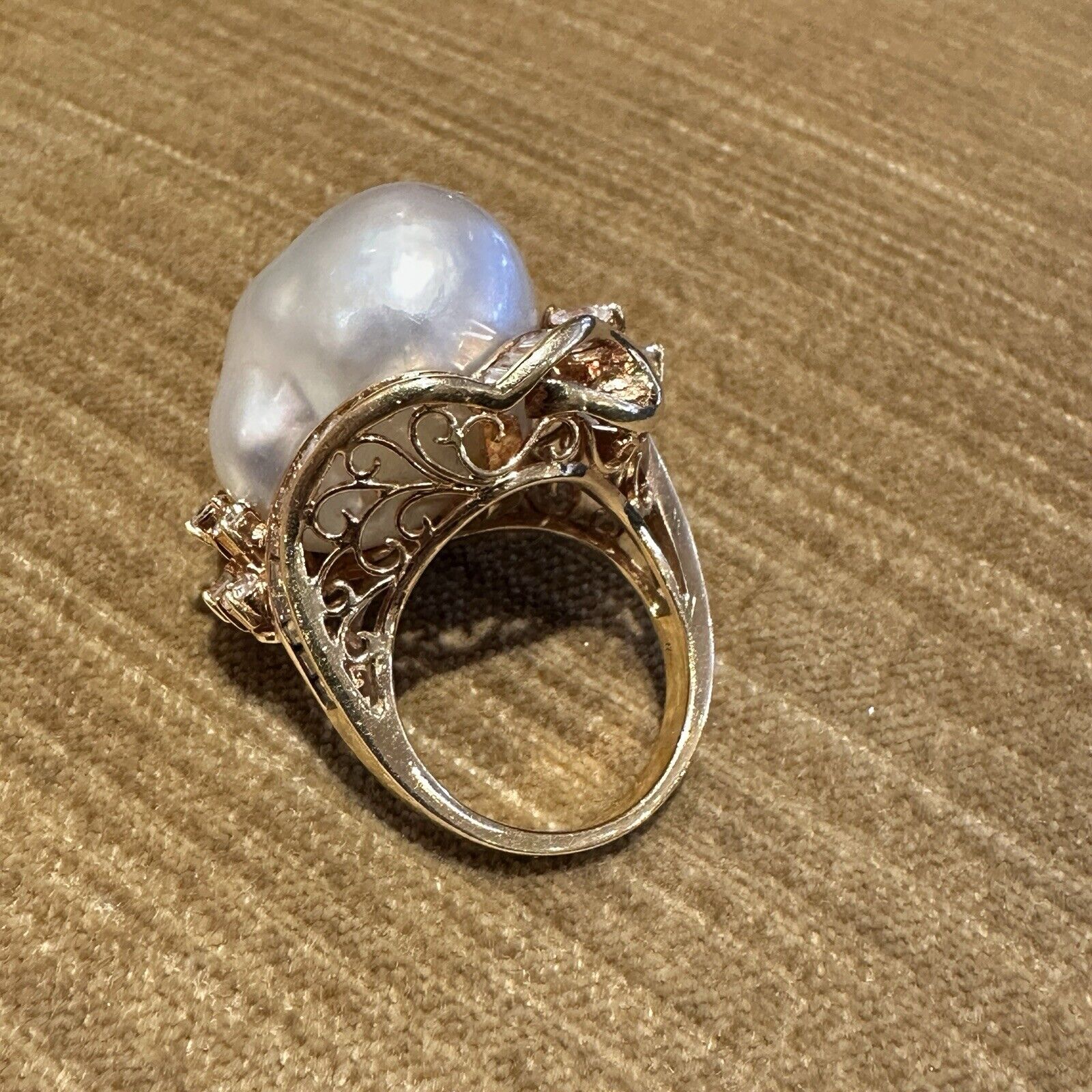 Large Estate Baroque Pearl and Diamond Ring in 18k Yellow Gold