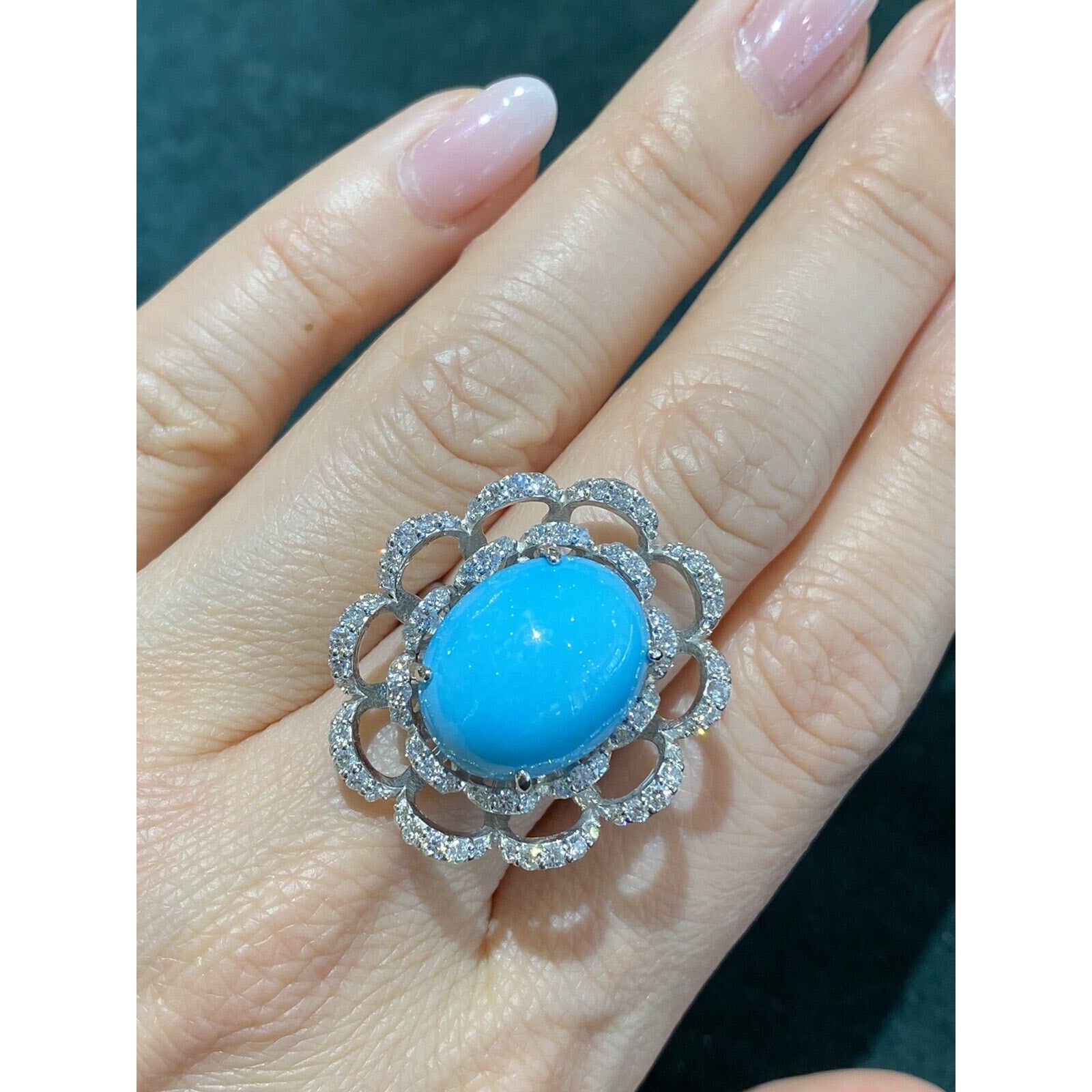 Turquoise and Diamond Flower Cocktail Ring in Platinum