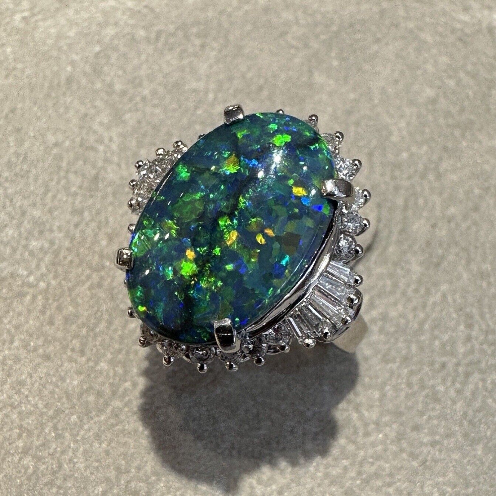 GIA Natural Black Opal 6.23 ct and Diamond Cocktail Ring in Platinum