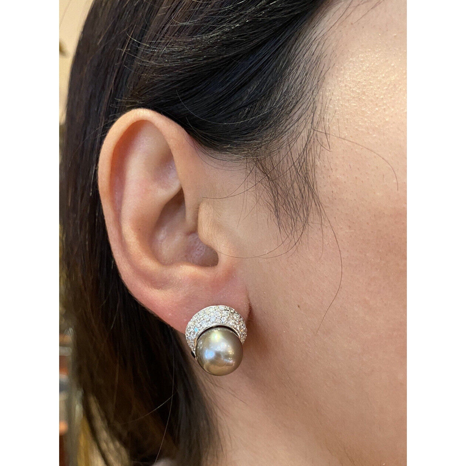 Pave Diamond and Black South Sea Pearl Earrings in 14k White Gold