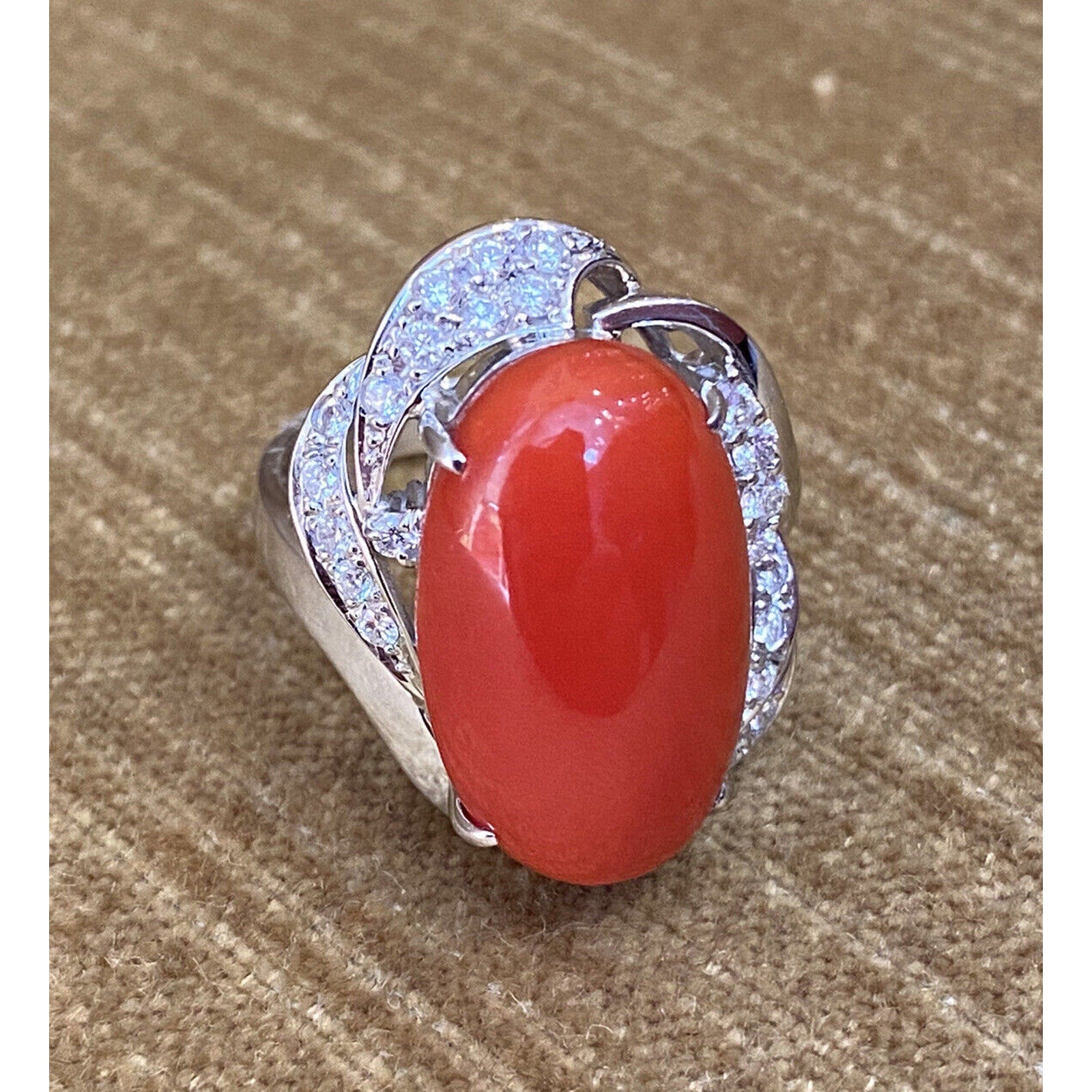 Estate Oval Coral and Diamond Cocktail Ring in Platinum