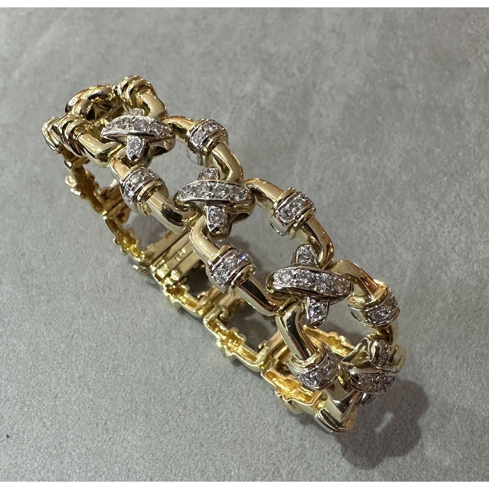 Heavy Vintage X Bracelet with Diamond Links in 18k Yellow Gold