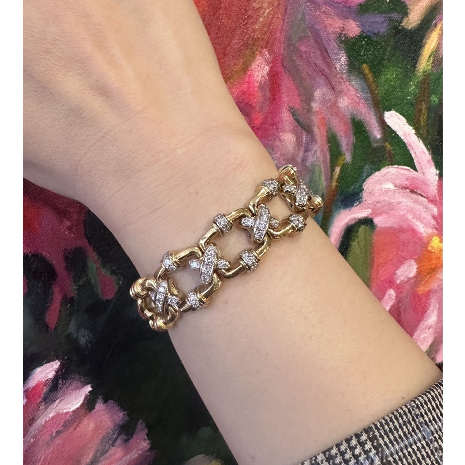 Heavy Vintage X Bracelet with Diamond Links in 18k Yellow Gold