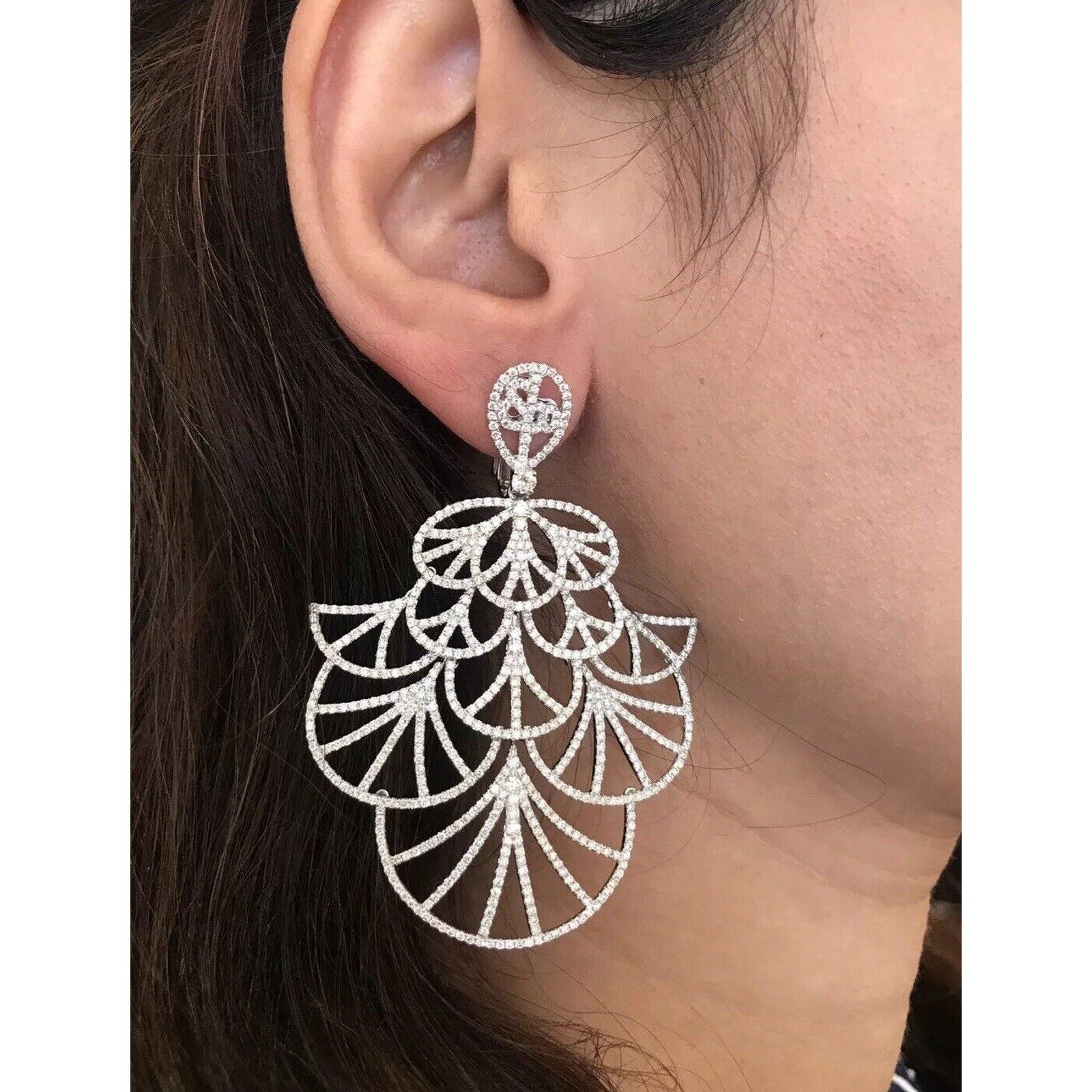 Large Diamond Fan Chandelier Earrings 9.50 carat TW in 18k White Gold