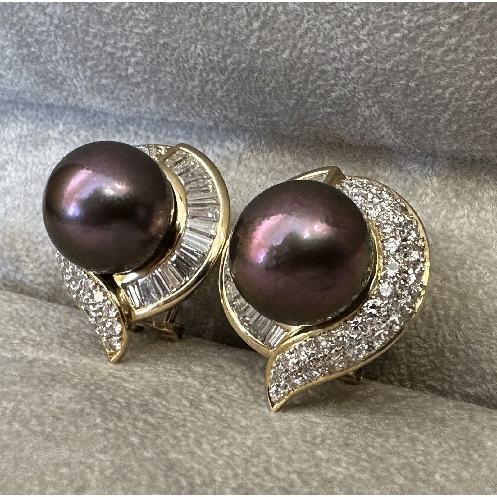 Black South Sea Pearl and Diamond Earrings in 18k Yellow Gold-HM2564AN