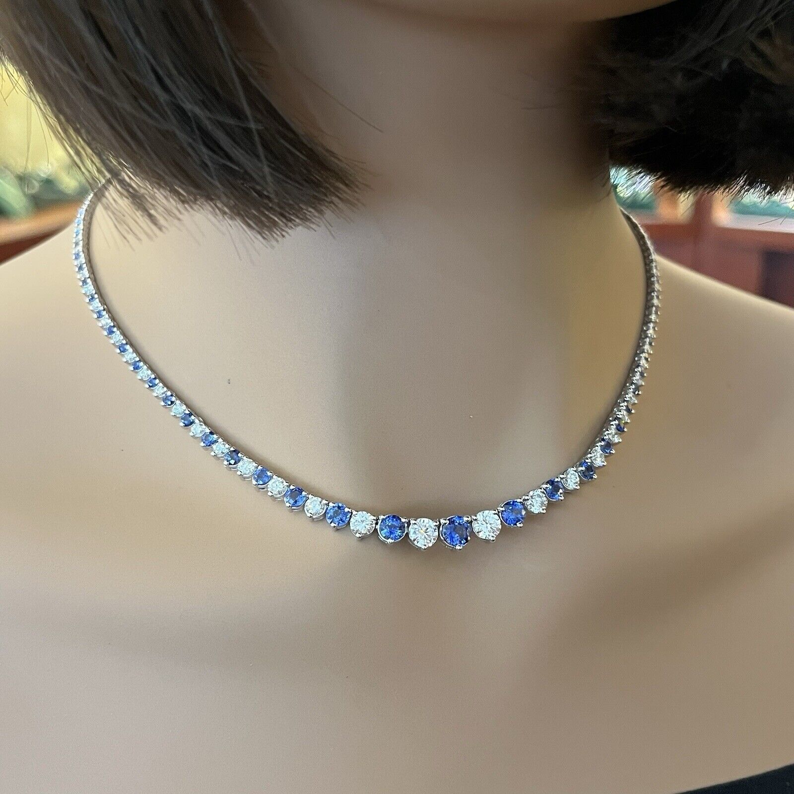 Sapphire & Diamond Riviera Tennis Necklace 17" in 18k White Gold