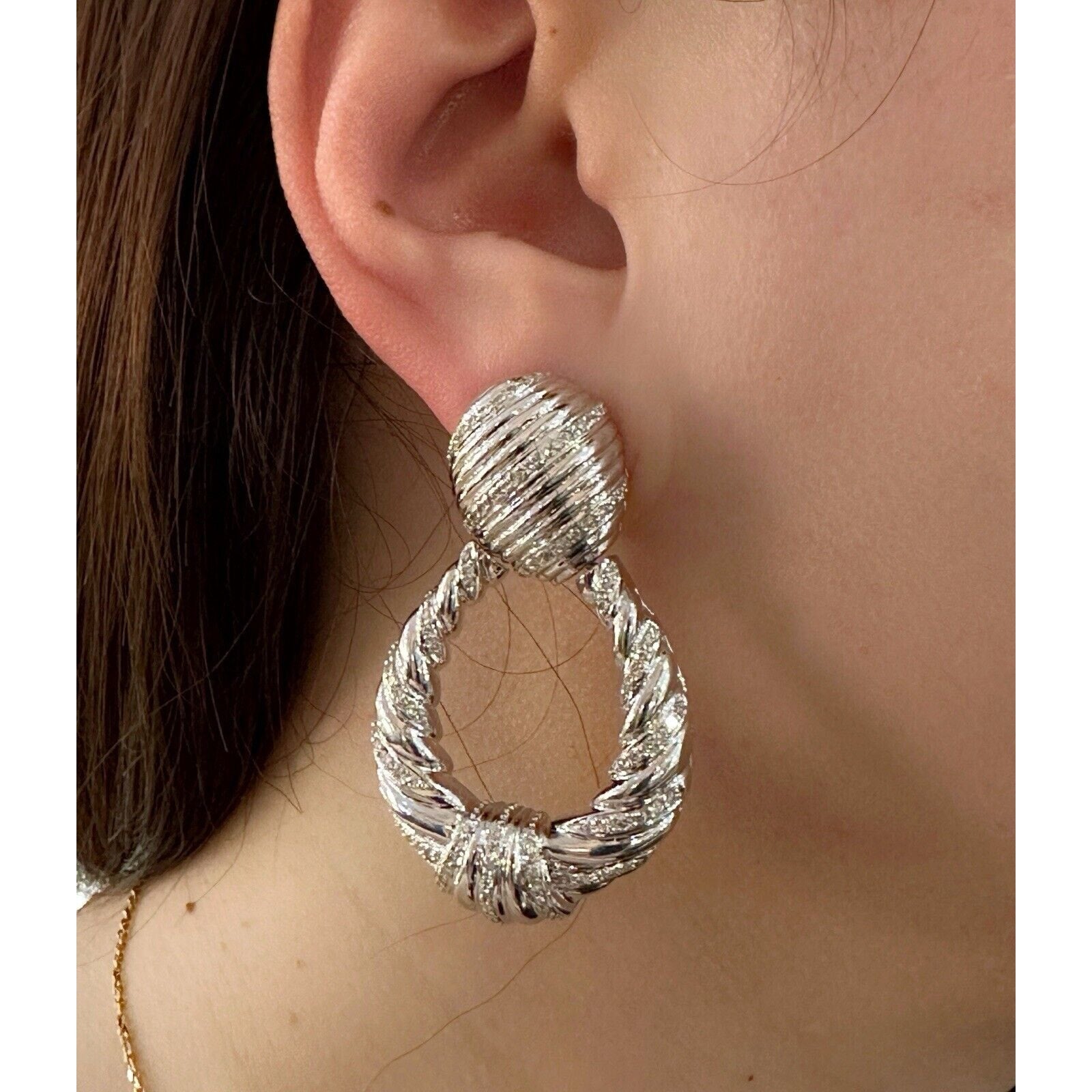 Large Twist Diamond Door-knocker Drop Earrings in 18k White Gold