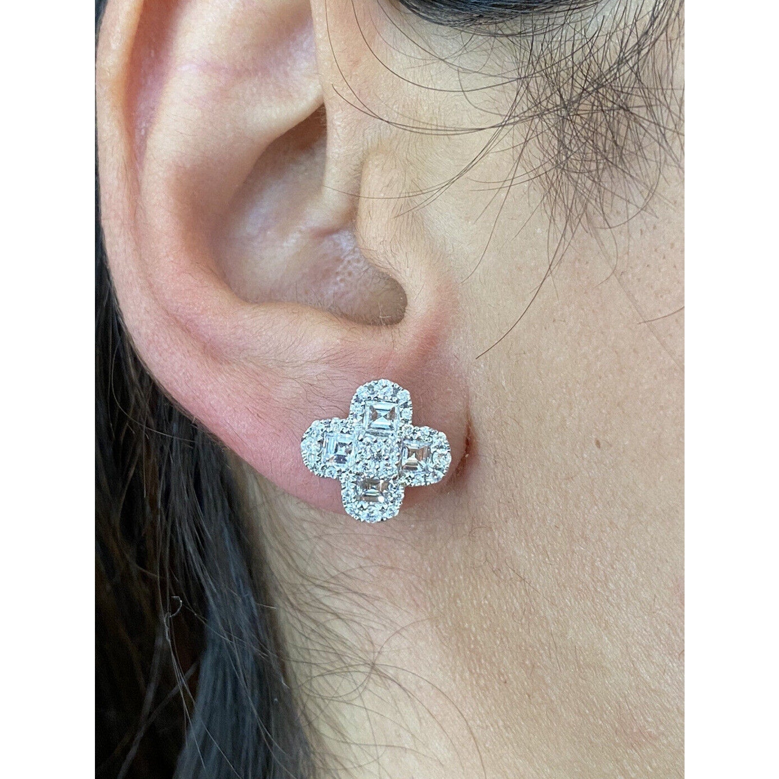 Diamond Clover Flower Earrings 2 cttw in 18k White Gold