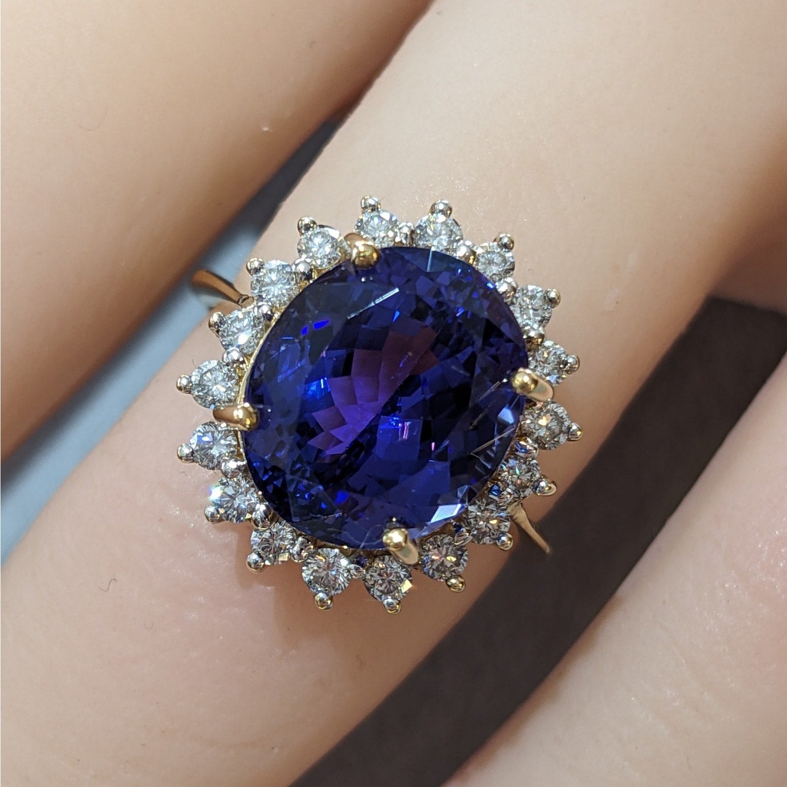 Estate 5cts Oval Tanzanite Ring with Halo Diamonds in 18k Yellow Gold