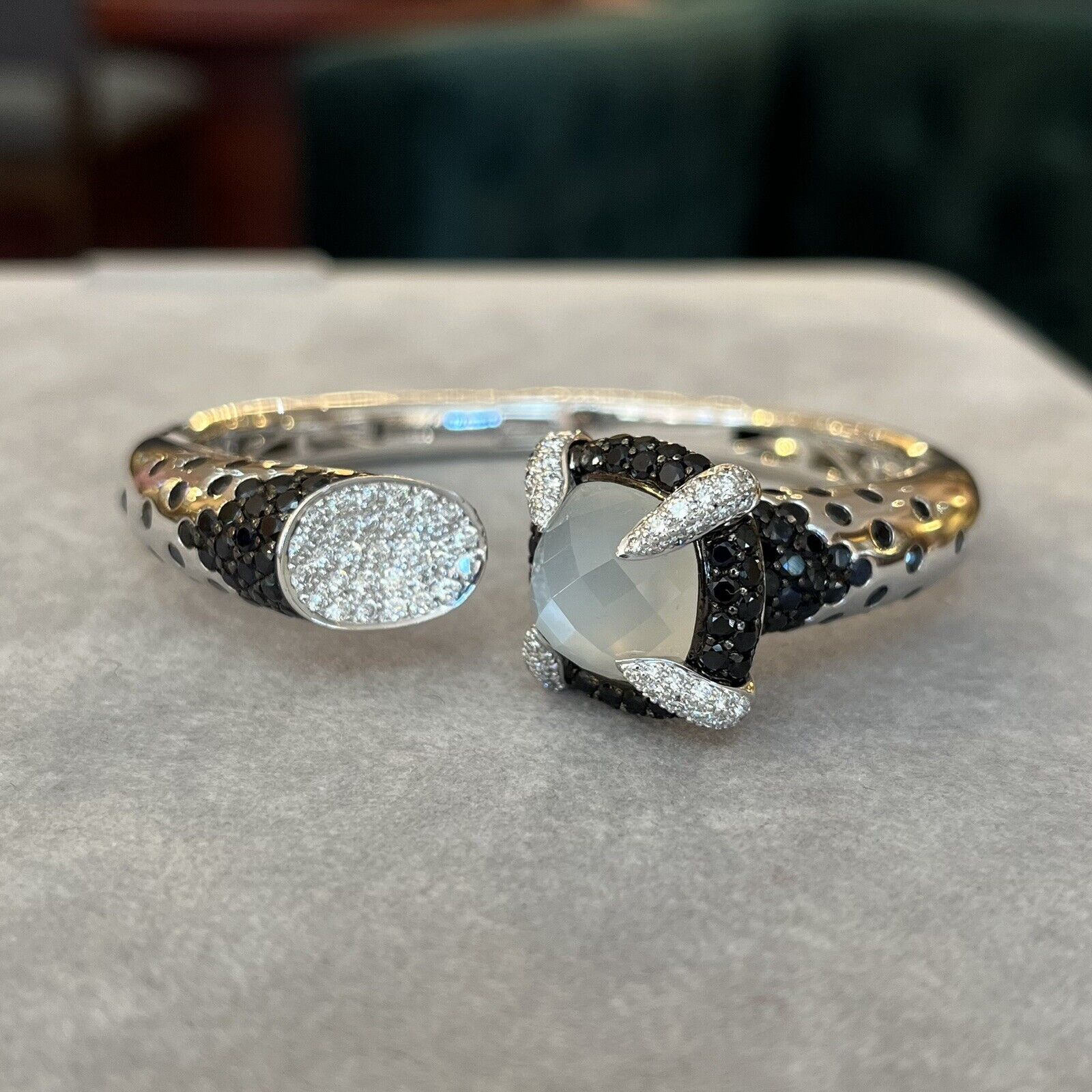 Diamond and Black Gemstone Hinged Bangle Bracelet in 18k White Gold